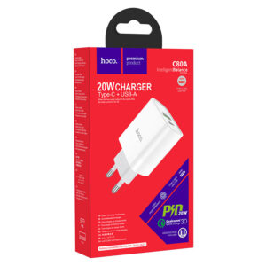 Hoco (C80A) - Incarcator Retea, 20W, 5V, 3.1A, 1xUSB-C, 1xUSB-A, PD, QC 3.0, White