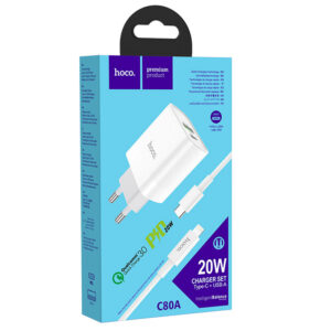 Hoco (C80A) - Incarcator Retea + Cablu Lightning, 20W, 5V, 3.1A, 1xUSB-C, 1xUSB-A, PD, QC 3.0, White