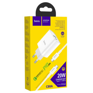 Hoco (C80A) - Incarcator Retea + Cablu USB-C, 20W, 5V, 3.1A, 1xUSB-C, 1xUSB-A, PD, QC 3.0, White