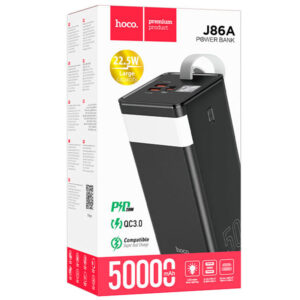 Hoco (J86A) - Baterie Externa, 1xUSB-C PD, 2xUSB-A QC 3.0, lampa LED, 50.000 MAh, Black