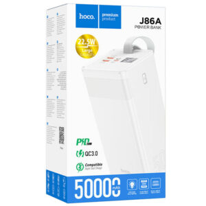 Hoco (J86A) - Baterie Externa, 1xUSB-C PD, 2xUSB-A QC 3.0, lampa LED, 50.000 MAh, White