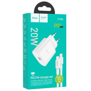 Hoco (C94A) - Incarcator Retea + Cablu Lightning, 1m, PD20W, 1xUSB-C, PPS/QC3.0/FCP/AFC, White