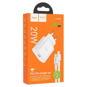 Hoco (C94A) - Incarcator Retea + Cablu USB-C, 1m, 1xUSB-C, PPS/QC3.0/FCP/AFC, White