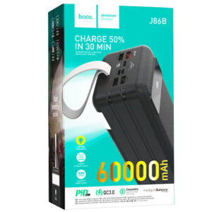 Hoco (J86B) - Baterie Externa, 1xUSB-C PD, 4xUSB-A QC 3.0, lampa LED, 60.000 MAh, Black