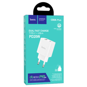 Hoco (C80A Plus) - Incarcator Retea, 20W, 5V, 3.1A, 1xUSB-C, 1xUSB-A, PD, QC 3.0, White