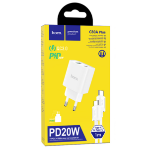 Hoco (C80A Plus) - Incarcator Retea + Cablu USB-C, 20W, 5V, 3.1A, 1xUSB-C, 1xUSB-A, PD, QC 3.0, White