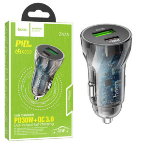 Hoco (Z47A) - Incarcator Auto, 30W, 1xUSB-C, 1xUSB-A, PD, QC 3.0, Black
