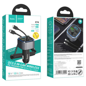 Hoco (E74) - Modulator FM | BT, 18W, 5V, 3A, 2xUSB-A, QC 3.0, + Cablu extensibil 2in1 | Silver