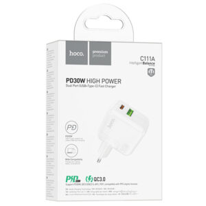 Hoco (C111A) - Incarcator Retea, 30W, 1xUSB-C, 1xUSB-A, PD, QC 3.0, White