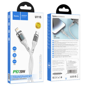 Hoco (U115) - Cablu Date si Incarcare, USB-C la Lightning, PD20W, QC3.0, LED, 1.2m, Gray