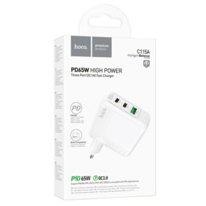 Hoco (C115A) - Incarcator Retea, 65W, 2xUSB-C, 1xUSB-A, PD, QC 3.0, White