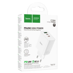 Hoco (C126A) - Incarcator Retea + Cablu Lightning, 40W, 2xUSB-C, 1xUSB-A, PD, QC 3.0, White