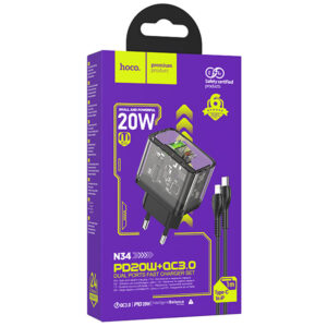Hoco (N34) - Incarcator Retea + Cablu Lightning, 20W, 1xUSB-C, 1xUSB-A, PD, QC 3.0, Clear, Black