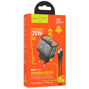 Hoco (N34) - Incarcator Retea + Cablu USB-C, 20W, 1xUSB-C, 1xUSB-A, PD, QC 3.0, Clear, Black