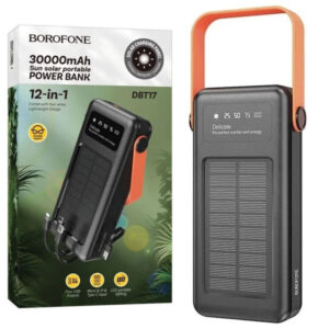 Borofone (DBT17) - Baterie Externa, cu panou solar, 4xUSB-A si cabluri 3 in 1, 30.000mAh, Black