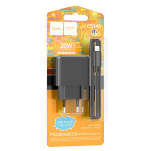 Hoco (CS14A) - Incarcator Retea + Cablu Lightning, 20W, 1xUSB-C, 1xUSB-A, PD, QC 3.0, Black