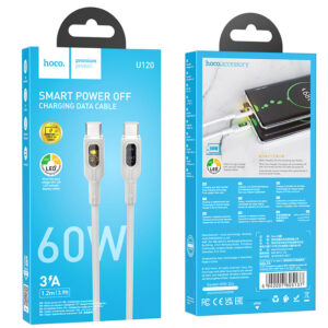 Hoco (U120) - Cablu Date si Incarcare, USB-C, PD60W, QC3.0, 3A, LED Power, 1.2m, Gray