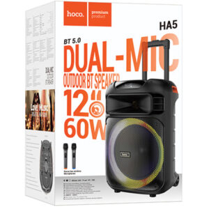 Hoco (HA5) » Boxa outdoor, portabila, BT 5.0, cu 2 microfoane wireless, Karaoke, 7000mAh, TF Card, USB, AUX si TWS, 60W, inel RGB ambient light, Black