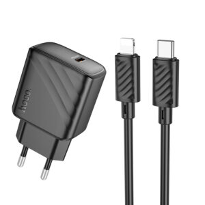 Hoco (CS22A) - Incarcator Retea + Cablu Lightning, 1m, PD30W, 1xUSB-C, QC/FCP/AFC, Black