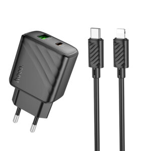 Hoco (CS23A) - Incarcator Retea + Cablu Lightning, 1m, PD30W, 5V, 3A, 1xUSB-C, 1xUSB-A, FCP/AFC, Black