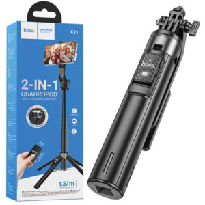 Hoco (K21) - Suport Stand, tip Selfie, pentru telefon, 2 in 1, Telescopic, Aluminiu, cu telecomanda BT, Black