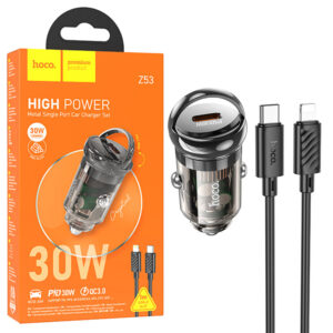 Hoco (Z53) - Incarcator Auto + Cablu Lightning, 30W, 1xUSB-C, PD, Ring-Pull, Black