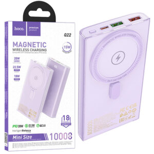 Hoco (Q22) - Baterie externa, Wireless, 1xUSB-C PD, 2xUSB-A, QC 3.0, 5V, 3A, Display LED, Magnet, 10.000mAh, Purple
