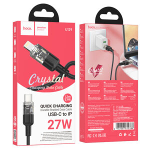 Hoco (U129) - Cablu Date si Incarcare, USB-C la Lightning, PD27W, QC3.0, Crystal, 1.2m, Black