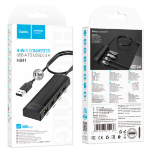 Hoco (HB41) - Hub USB, Multiport, USB-A la 4 x USB-A 2.0, 480Mps, 1.2m, Black