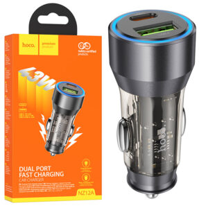 Hoco (NZ12A) - Incarcator Auto, 25W, 1xUSB-C, 1xUSB-A, PD, QC 3.0, Clear, Black