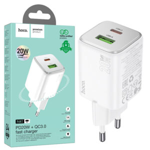 Hoco (N41) - Incarcator Retea, 20W, 1xUSB-C, 1xUSB-A, PD, QC 3.0, White