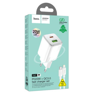 Hoco (N41) - Incarcator Retea + Cablu Lightning, 20W, 1xUSB-C, 1xUSB-A, PD, QC 3.0, White