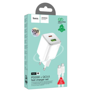 Hoco (N41) - Incarcator Retea + Cablu USB-C, 20W, 1xUSB-C, 1xUSB-A, PD, QC 3.0, White