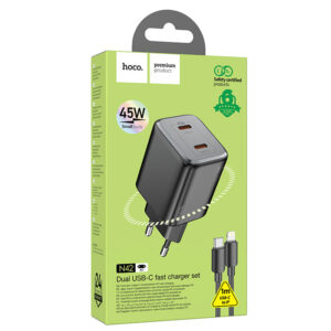 Hoco (N42) - Incarcator Retea + Cablu Lightning, 45W, 2xUSB-A, Black