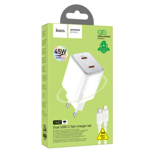 Hoco (N42) - Incarcator Retea + Cablu Lightning, 45W, 2xUSB-A, White
