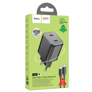 Hoco (N42) - Incarcator Retea + Cablu USB-C, 45W, 2xUSB-A, Black
