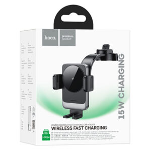 Hoco (HW14) - Suport Auto cu incarcare Wireless, 15, cu cleme laterale, montaj Bord, cablu USB-C, 1m, AutoGravity, brat flexibil, Black