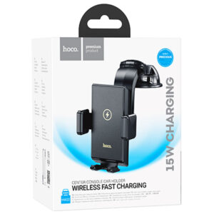 Hoco (HW22) - Suport Auto cu incarcare Wireless, 15, cu cleme laterale, montaj Bord, cablu USB-C, 1m, AutoGravity, brat flexibil, Black