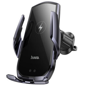 Hoco (CA202 Plus) - Suport Auto cu incarcare Wireless, 15W, montaj Ventilatie, cleme laterale, cablu USB-C, 1m, InfraRed, PullClip, Acumulator intern, Black/Metall