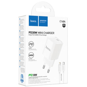 Hoco (C148A) » Incarcator Retea + Cablu Lightning, 1m, PD30W, 1xUSB-C, FastCharge, WHITE