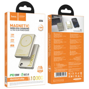 Hoco (Q34) » PowerBank, Wireless, Magsafe, 20W, 1xUSB-C, 1xUSB, PD, QC3.0, Fast, Titanium/GOLD