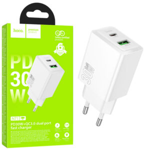 Hoco (N71) » Incarcator Retea, (PD30W+QC3.0) 5V, 3A, 1xUSB-C, 1xUSB, Fast, WHITE