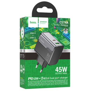 Hoco (CS74A) » Incarcator Retea, (PD45W+QC3.0) 1xUSB-C, 1xUSB, FastCharge, BLACK