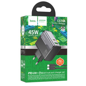 Hoco (CS74A) » Incarcator Retea + Cablu USB-C, 1m, (PD45W+QC3.0) 1xUSB-C, 1xUSB, FastCharge, BLACK