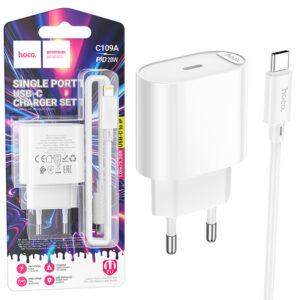 Hoco (C109A) » Incarcator Retea + Cablu Lightning, 1m, (PD20W) 1xUSB-C, FastCharge, WHITE