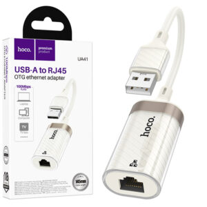 Hoco (UA41) » Adaptor OTG Transfer, USB la Ethernet (Retea), 100Mbps, 15cm, WHITE