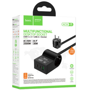Hoco (AC33) » Prelungitor electric, 30W, 2xUSB-C & 1xUSB-A + 1Socket, 1.5m cablu, BLACK
